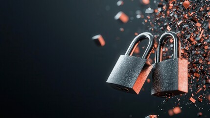 Floating abstract locks guarding a holographic database, visualizing advanced data encryption techniques