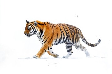 Fototapeta premium Tiger is walking across a snowy landscape. The tiger is the main focus of the image, and it is moving with purpose. The snowy background creates a sense of isolation and tranquility