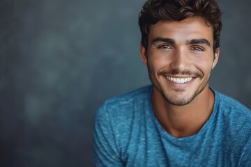 Obraz premium A young man wearing a blue shirt smiles warmly towards the camera, set against a soft-focus gray background, conveying joy, friendliness, and approachability.