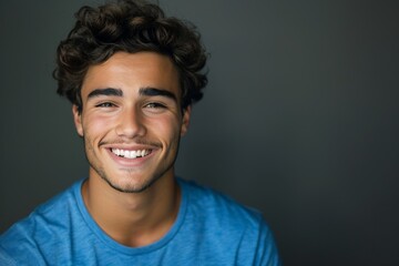 Fototapeta premium A young man with a confident smile wearing a blue shirt, captured in a posed photo with a simple gray background, exemplifying positivity and casual charm.