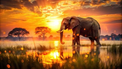 Naklejka premium Silhouettes of African elephants against a fiery sunset in Botswana's Okavango Delta.