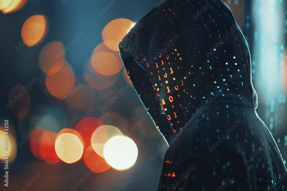 Poster a mysterious hooded figure stands amid glowing binary code in a bokeh-lit environment, creating an e