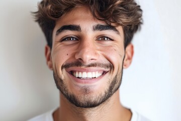 Obraz premium A happy man with a lively smile, showing a friendly and open demeanor, exudes warmth and positivity, bringing a light-hearted atmosphere to the image.