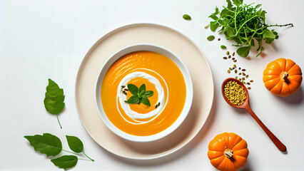 utumn pumpkin soup with creamy spirals, basil and seeds, served in a gourmet style - a delicious and healthy vegetable dish