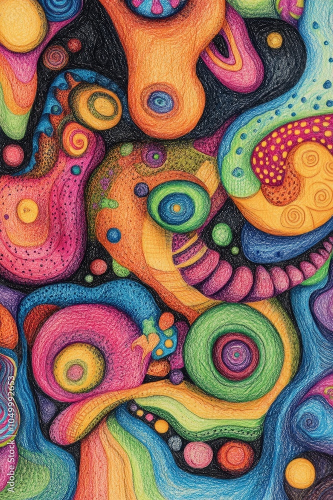 Aufkleber colorful drawing of a space scene with many different shapes and colors. the drawing is abstract and