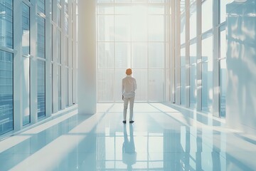 A lone figure stands in an expansive, sunlit modern interior with large windows, evoking a sense of contemplation and openness in a contemporary environment.