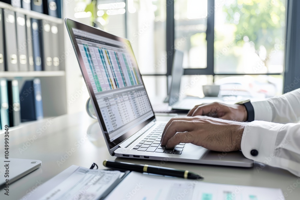 Poster a professional setting showing a businessman analyzing data on a laptop, captured in a bright office