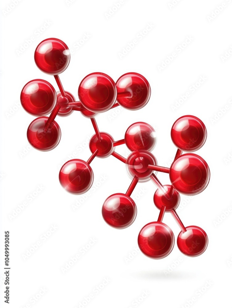 Poster red molecule with a white background. the molecule is made up of many small red spheres. the spheres