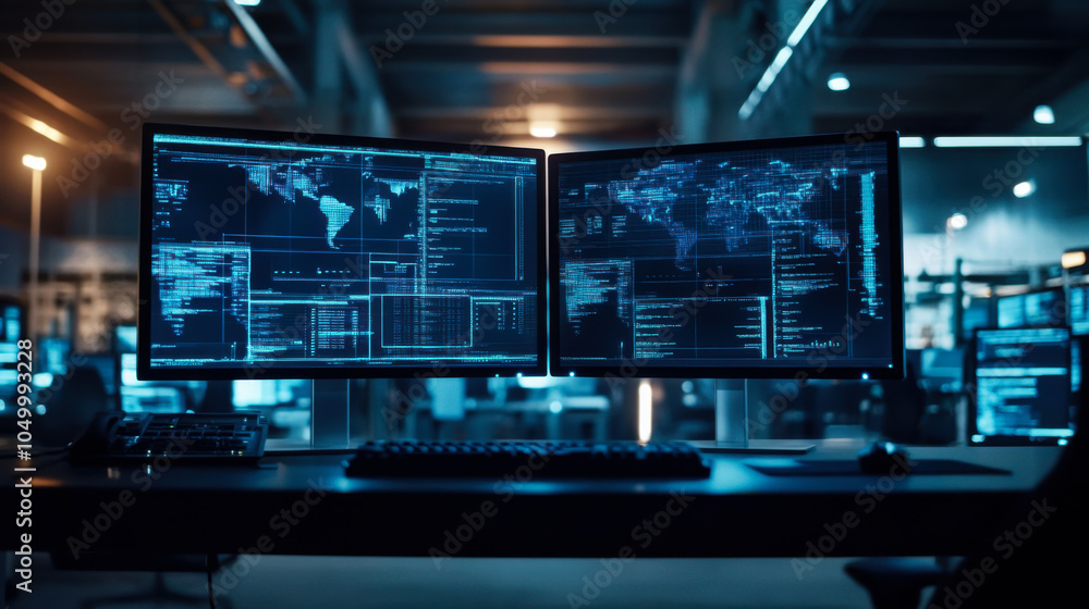 Poster two computer monitors displaying coding activities in a dimly lit workspace with blue lighting at ni