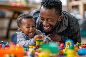 Obraz premium A joyful father and his son enjoy quality time together, playing with vibrant, colorful building blocks, symbolizing love, creativity, and educational growth.