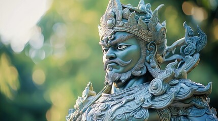 Fototapeta premium Close-up of a detailed bronze statue of a warrior with a crown and a stern expression, set against a blurred background of green foliage.