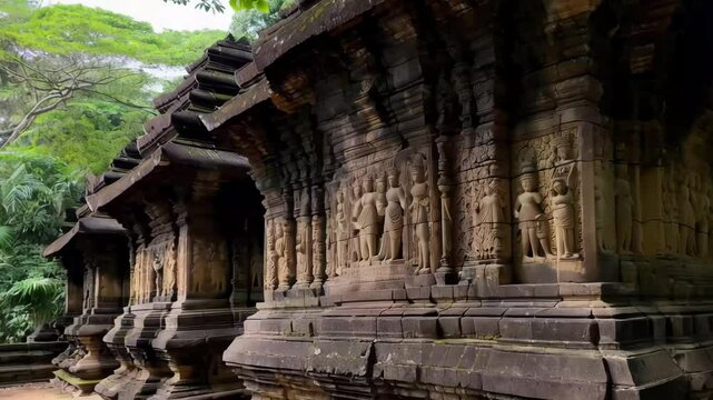 A Javanese candi crafted from neatly arranged natural stone, featuring varied shapes and intricate carvings with symbolic meanings, each serving distinct sacred purposes