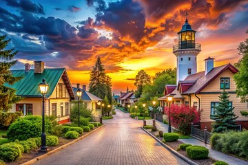 Fototapeta premium Sunset hues paint cottages in silhouette, a panoramic view of Svetlogorsk.
