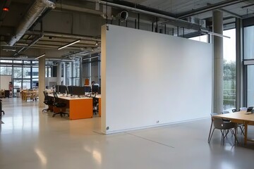 In the open office area, a white wall against tables, chairs and concrete creates an industrial look. Opposite is a similarly sized mock-up wall for creative presentations or team brainstorming.