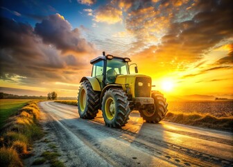Fototapeta premium The yellow tractor shines, bathed in the golden sunset.