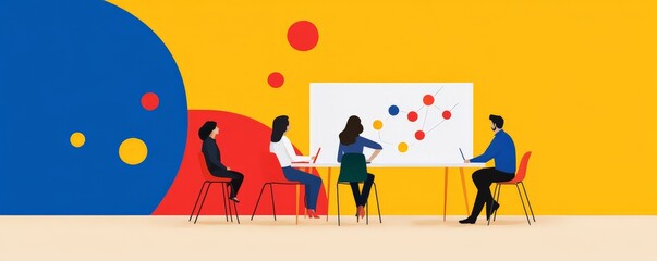 Fototapeta premium A group of professionals collaborates in a vibrant meeting room, discussing ideas around a whiteboard with colorful graphics.