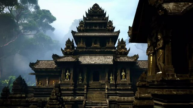 Front view of a tall Javanese candi with a tiered, narrowing roof adorned with intricate carvings on natural stone, showcasing exquisite craftsmanship and spiritual symbolism