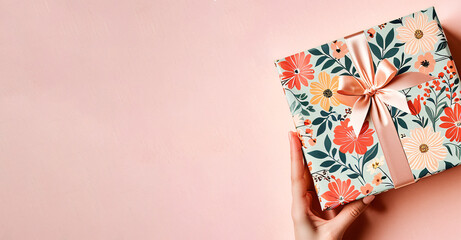 Obraz premium Hands Holding a Gift Box Wrapped in Vintage Floral Paper