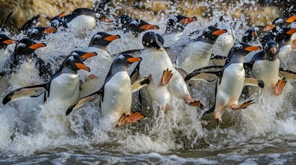 A group of penguins jump out of the water, creating a splash.