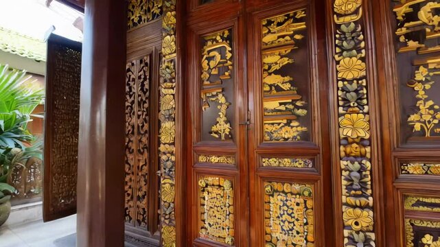 Detailed Javanese door carvings illustrate epic stories from the Ramayana and Mahabharata. Crafted from quality teak wood, the door exudes warmth, resilience, and timeless authority