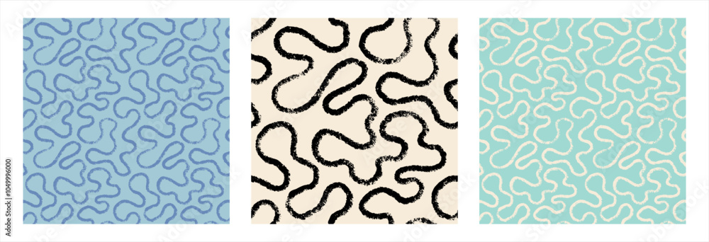 Poster brush, chalk, crayon drawn continuous line, uneven wriggling grungy stripe seamless vector pattern. 