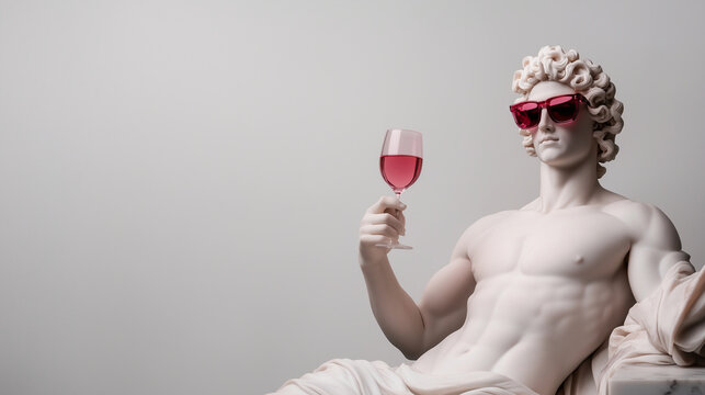 A humorous take on Dionysus, depicted in his marble form with modern rose-colored glasses, a glass of pink wine raised to toast, framed by a stark white background.