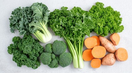 Fresh green vegetables and sweet potatoes on a white background.