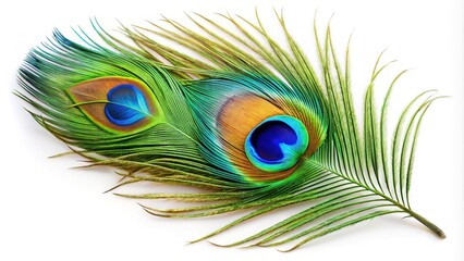 Obraz premium Vivid peacock feather on a white background, perfect for elegant wallpaper and design inspiration. Features dynamic diagonal patterns that enhance any artistic space beautifully.