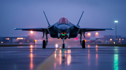 Fototapeta premium A close-up of a jet fighter parked at the airport, with its wings stretched wide and a pilot in a flight suit, preparing for an intense flight mission ahead.