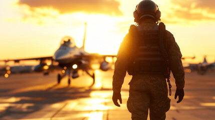 A fighter jet, gleaming in the sunlight on the airport tarmac, with a pilot walking towards the cockpit, signaling readiness for a high-speed interception.