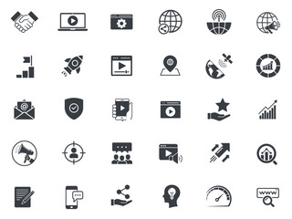 A set of 28 digital marketing icons depicting key aspects of online business such as growth, strategy, success, engagement, and communication