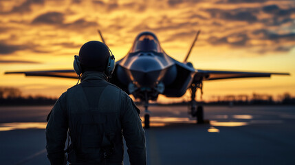 Fototapeta premium A sleek and powerful fighter jet on the tarmac, its aerodynamic design contrasting against the open sky, as the pilot secures his flight suit and prepares to board.
