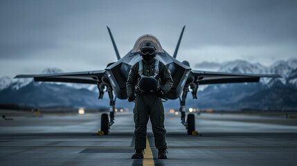 Fototapeta premium A sleek and powerful fighter jet on the tarmac, its aerodynamic design contrasting against the open sky, as the pilot secures his flight suit and prepares to board.