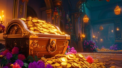 Wooden treasure chest overflowing with gold coins in a palace