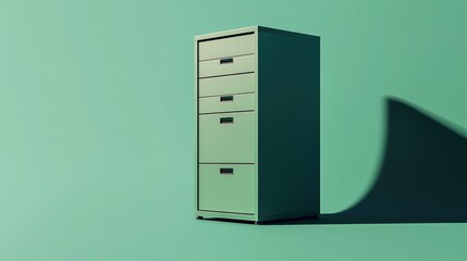 "A minimalist image of a file cabinet isolated against a solid green background. The structured, organized design of the cabinet stands out, emphasizing functionality and focus. 