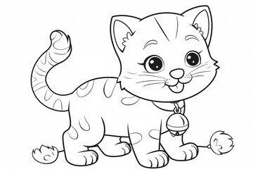 Obraz premium A playful cartoon cat with a cheerful expression, featuring spots and a bell collar, ready to bring joy to kids' coloring activities.