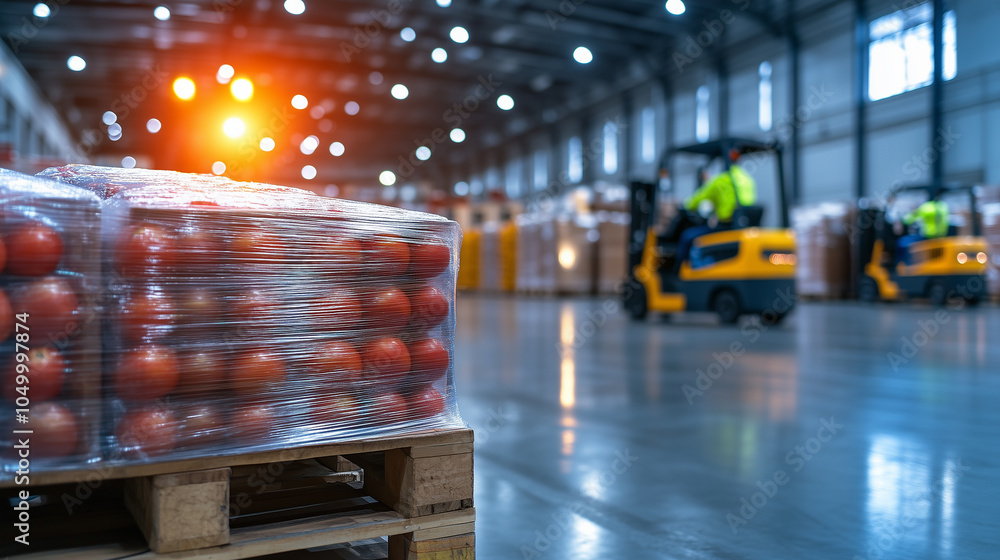 Poster a close-up of the shrink-wrapped layers around food packages on a pallet, with a backdrop of forklif