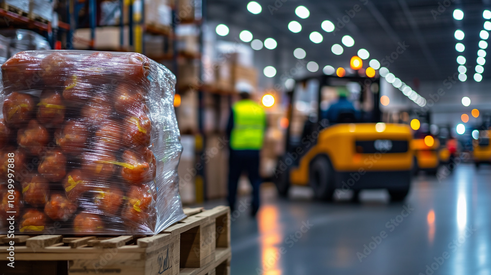 Poster a close-up of the shrink-wrapped layers around food packages on a pallet, with a backdrop of forklif