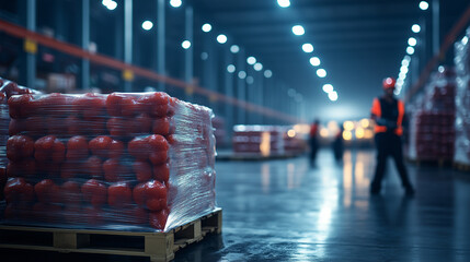 A detailed shot of shrink-wrapped food packages tightly stacked on a pallet, with an expansive warehouse and logistics team moving in the background.