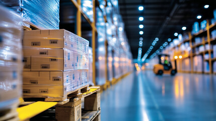 Rows of shrink-wrapped food packages sit neatly on a pallet, awaiting transportation in a warehouse filled with the hum of forklifts and towering storage racks.
