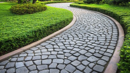 Obraz premium Curved Stone Pathway in a Lush Garden Setting