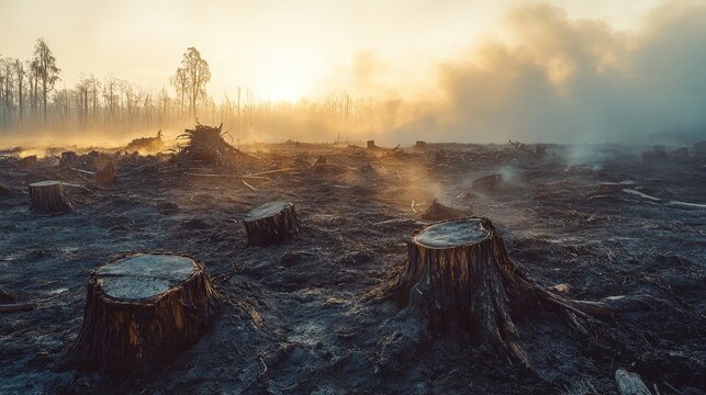 Deforested Landscape Under Smoky Sunrise Sky - Powered by Adobe