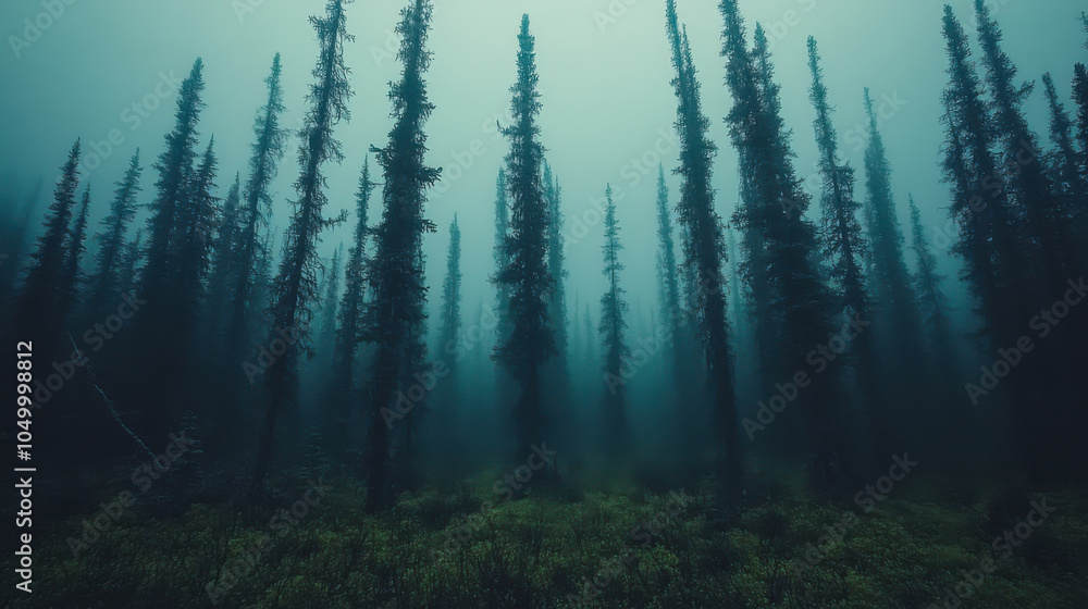 Aufkleber a mystical forest scene depicting dense trees and vibrant greenery under a misty atmosphere with sof