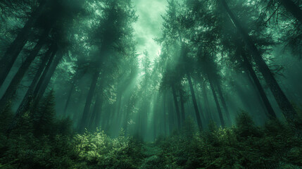 Obraz premium A mystical forest scene depicting dense trees and vibrant greenery under a misty atmosphere with soft light filtering through the canopy
