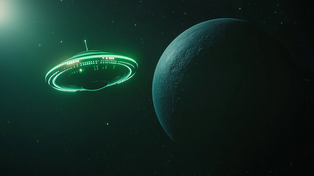 UFO flying near the scary dark planet. Fantastic illustration 
