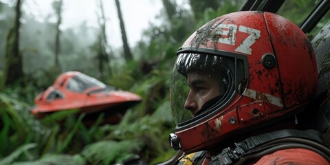 Fototapeta premium Astronaut in Red Helmet with Spaceship in Jungle