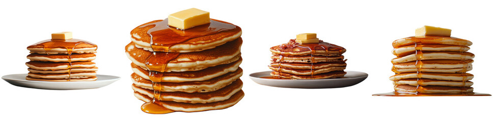 Tall stacks of fluffy pancakes drizzled with golden syrup and topped with a pat of butter, ideal for breakfast or brunch occasions to indulge in deliciousness isolated PNG isolated PNG