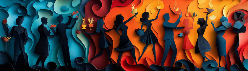Collage of abstract paper silhouettes depicting celebrations, such as parties and gatherings, with dynamic colors and textures to convey excitement for the new year