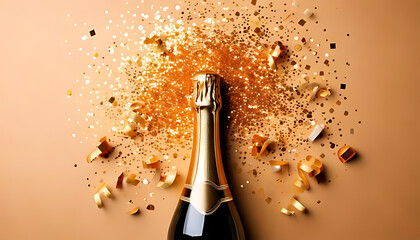beige background champagne bottle glitter confetti humorous flat lay celebrating special occasion