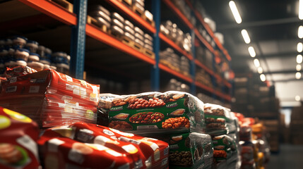 Fototapeta premium A detailed close-up of a pallet filled with various wrapped food products, the brightly lit warehouse shelves towering high in the background.
